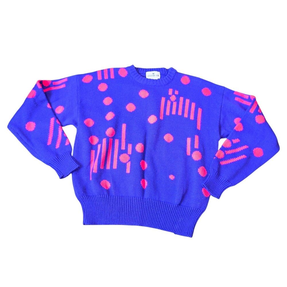 Obermeyer Sport SzM "Dot To Dot" Vtg Wool Blend Purple Abstract Knit Ski Sweater